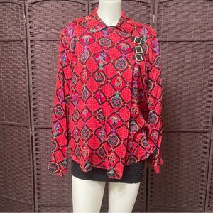 Vintage 80s/90s Red Heraldic Crest & Geometric Print Blouse with Buckle Detail
